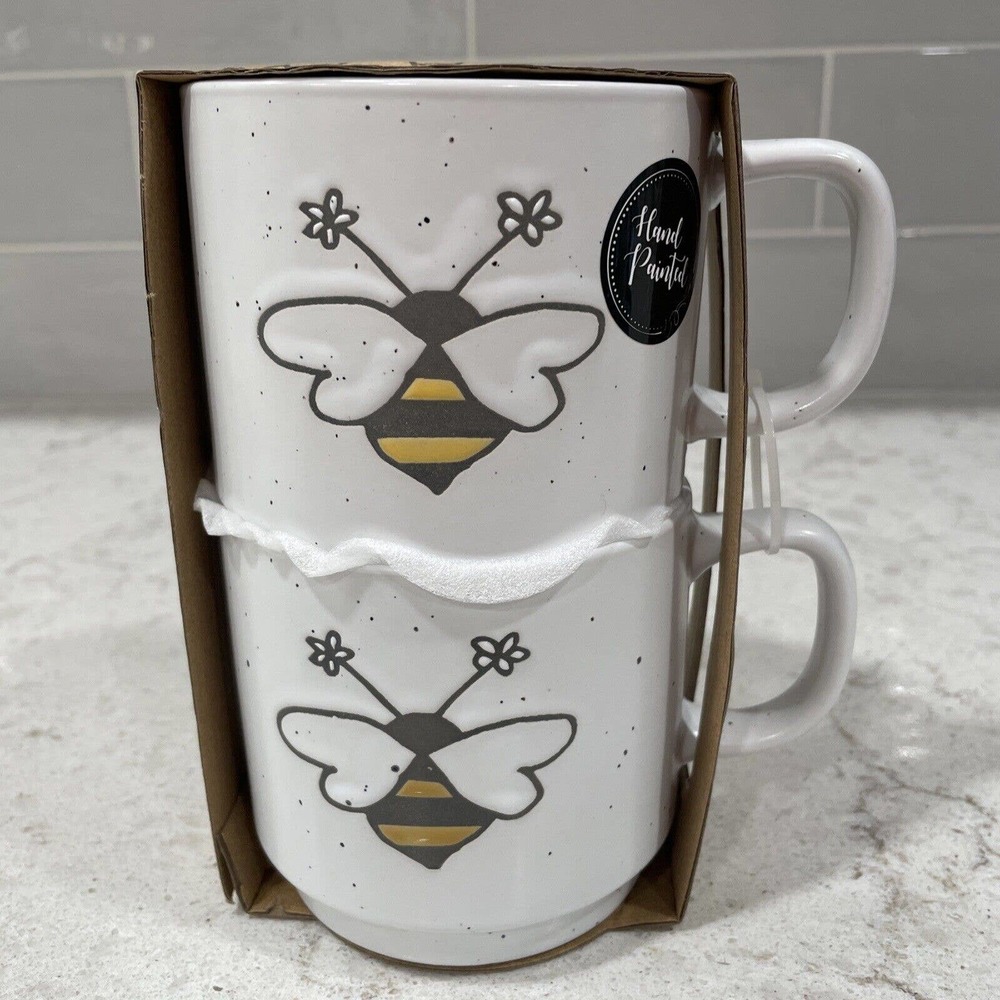 Set 2 Hand Painted BEE Gift Double Side Embossed Heartland Hive Coffee Mug Bees